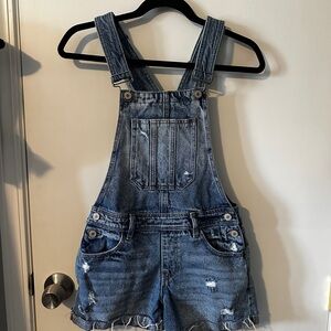 Denim Short Overalls - Blue Distressed